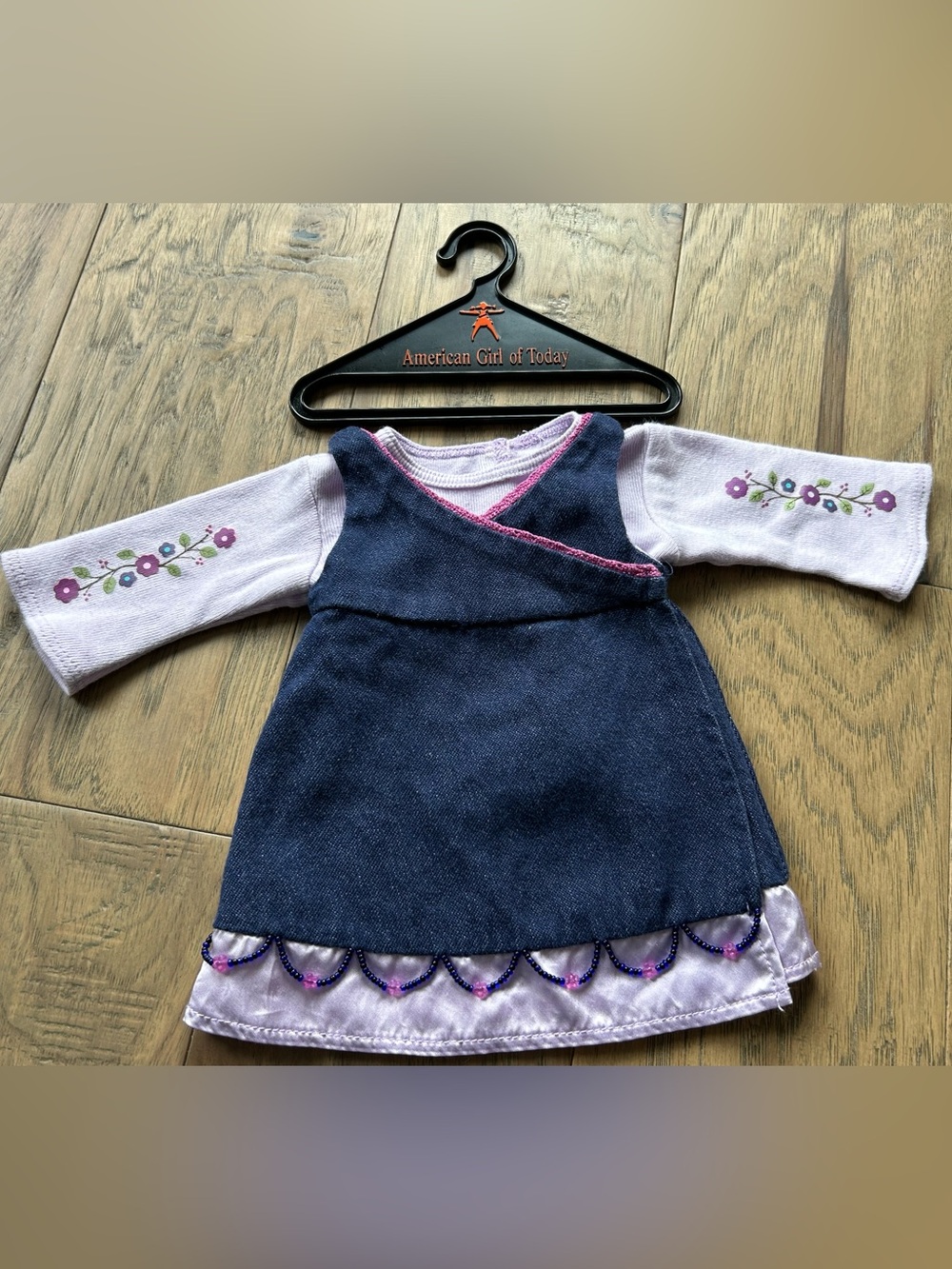American Girl Navy Blue Denim Dress with Lavender Floral Sleeves
